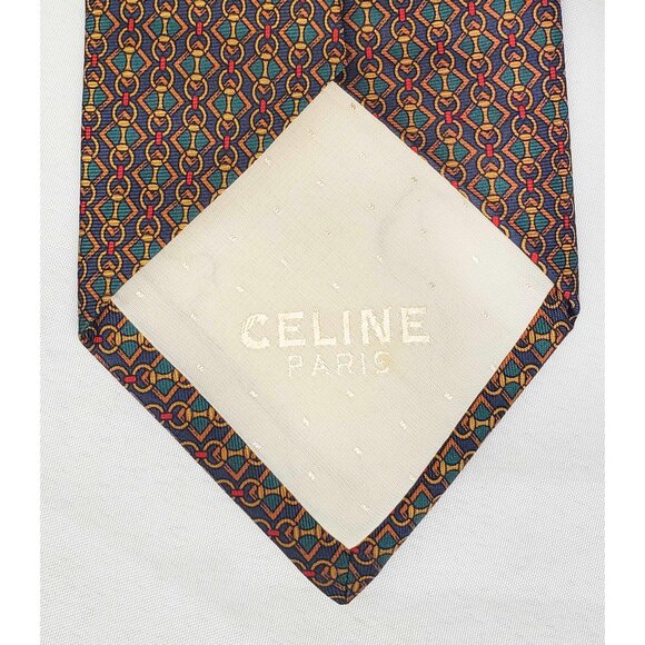 Celine Paris Mens Neck tie Geo Print Chain Link Logo Design Silk Green Red Navy - Picture 8 of 9